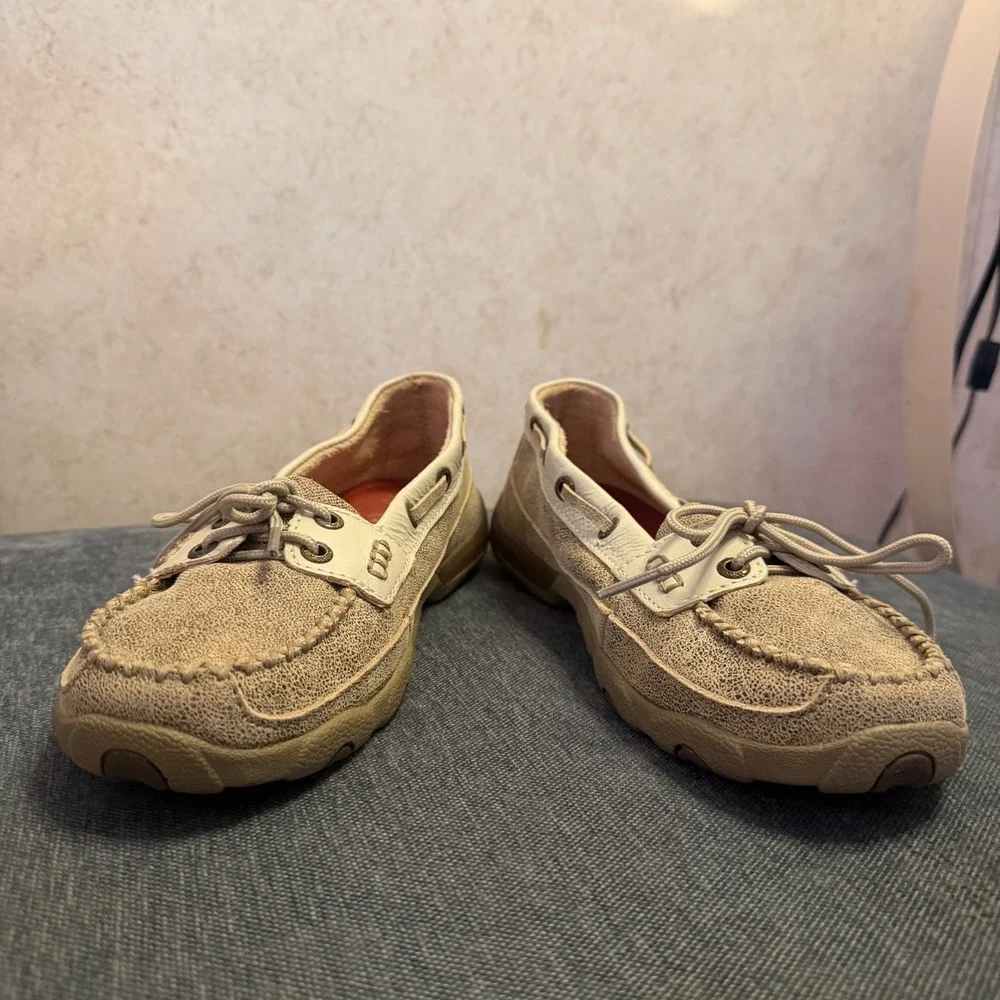 Twisted X Womens Driving Mocs Crackle Leather Boat Shoes Tan Cream WDM0001
